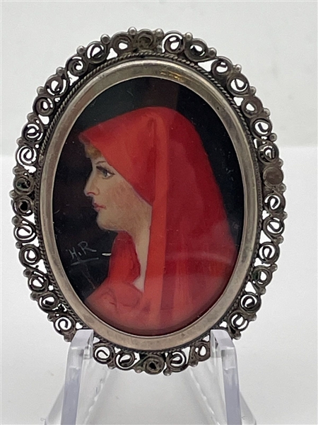 .800 Silver Miniature Portrait Painting of St. Fabiola Signed H.R.