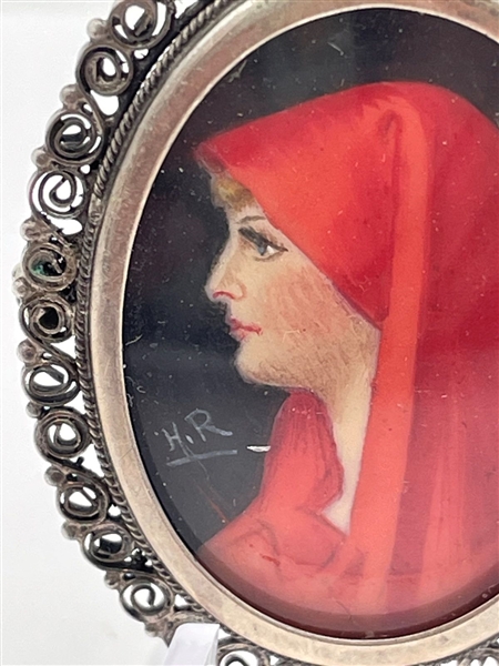 .800 Silver Miniature Portrait Painting of St. Fabiola Signed H.R.