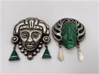 (2) Mexico Sterling Silver and Malachite Face Brooches