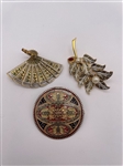 (3) Enamel Brooches Fan and Leaves
