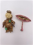 (2) Vintage Enamel Brooches Buddha, and Umbrella