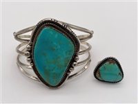 Sterling Silver Turquoise Cuff Bracelet After Frank Yazzie and Ring. 