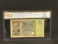 1925 Germany Weimar Republic 10 Rentenmark Bank Note Pick #170, PCGS CF15