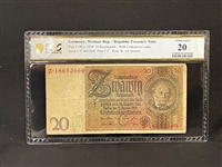 1929 Germany Weimar Republic 20 Reichsmark Treasury Note Pick #181a PCGS VF20