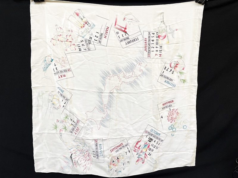 Vintage 1950s Silk Scarf With Monthly Calendar Blocks in White