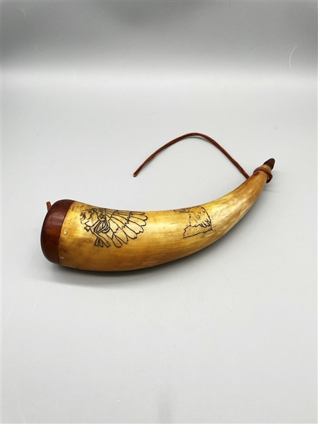 Carved Powder Horn Native American Indian and Eagle