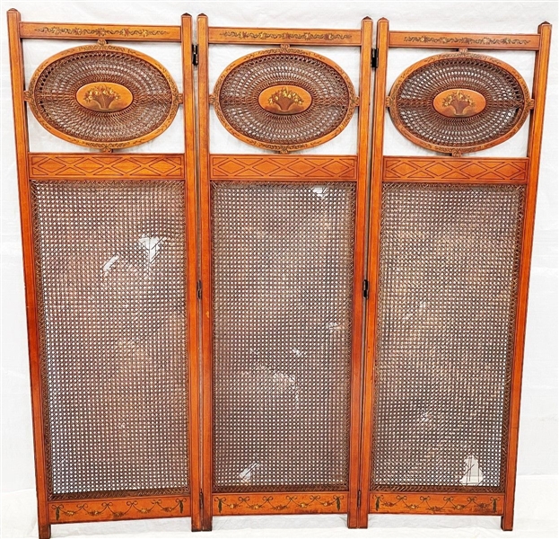 Edwardian Painted and Caned Three Panel Screen