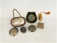 (7) Small Boxes: Stamp Holder, Pill Tin, Needle Case, Change Purse