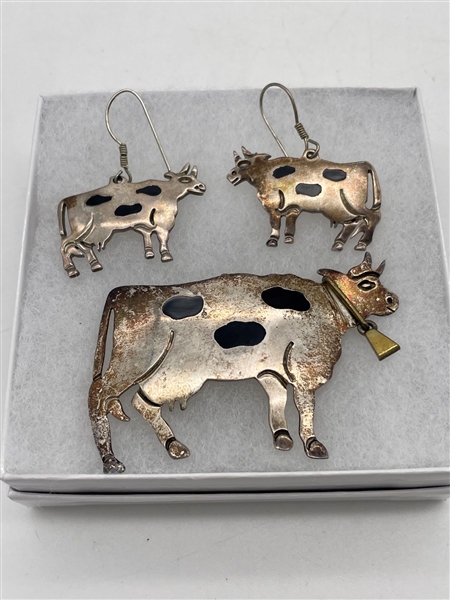 Mexican Sterling Silver Cow Brooch and Matching Earrings
