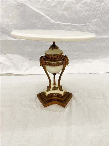 19th Century Louis XV Style Marble White Top Table With Rams Head Urn Detail Base