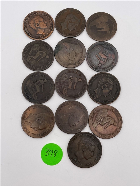 (13) Spain 10 Centimos Copper Coins 19th Century (#398)