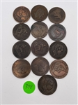 (13) Spain 10 Centimos Copper Coins 19th Century (#398)