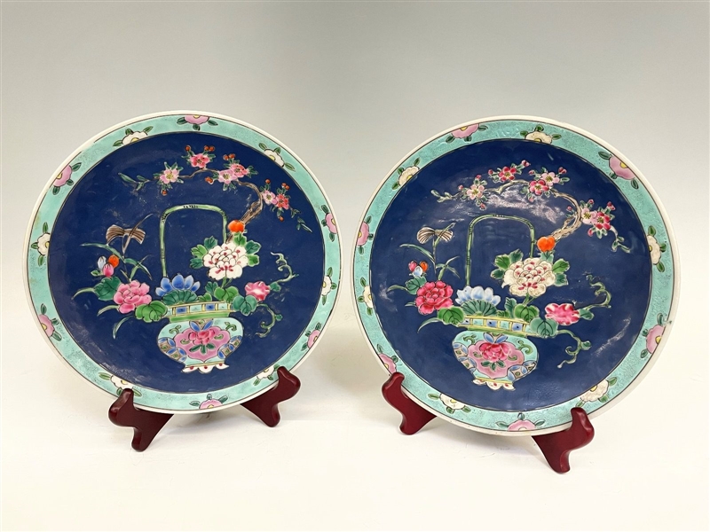 Pair of Antique Famille Rose Blue Plates