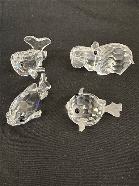 (6) Swarovski Crystal Figurines: Whale, Hippo, Goldfish, Butterfly, Mouse