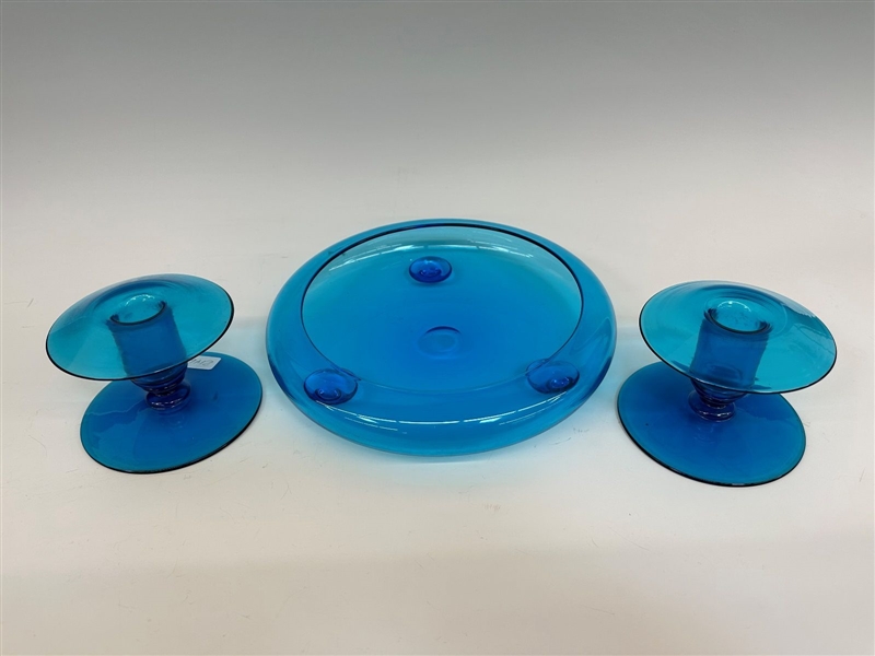 Steuben Blue Glass Console Set: Bowl and Candle Sticks