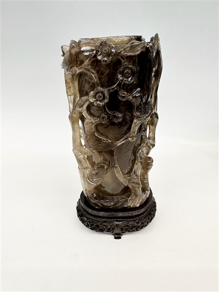 Chinese Carved Crystal Figural Floral Urn With Display Case