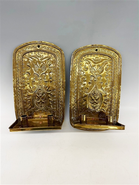 Pair 18th Century Hand Hammered Brass Wall Candle Sconces