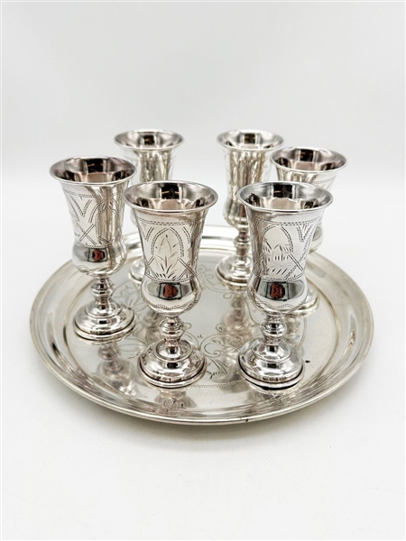 Russian Silver Kiddish Cup Set and Tray Moscow 1700-1720
