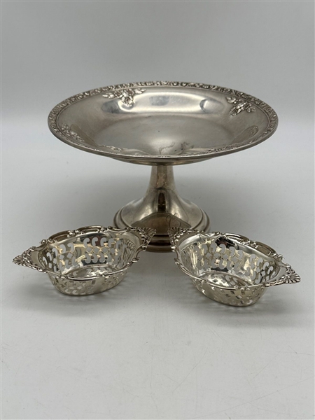 Sterling Silver Compote and (2) Pierced Birk Nut Cellars