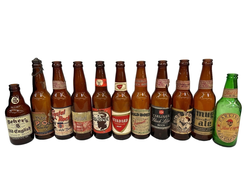 (11) Vintage Empty Beer Bottles: P.O.C., Buckeye, Olde Towne, Carlings,Waldorf, Sehers, and More