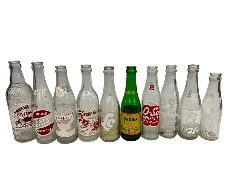 (10) Vintage Beverage Bottles: Perko, O-So Good, Nemo, More