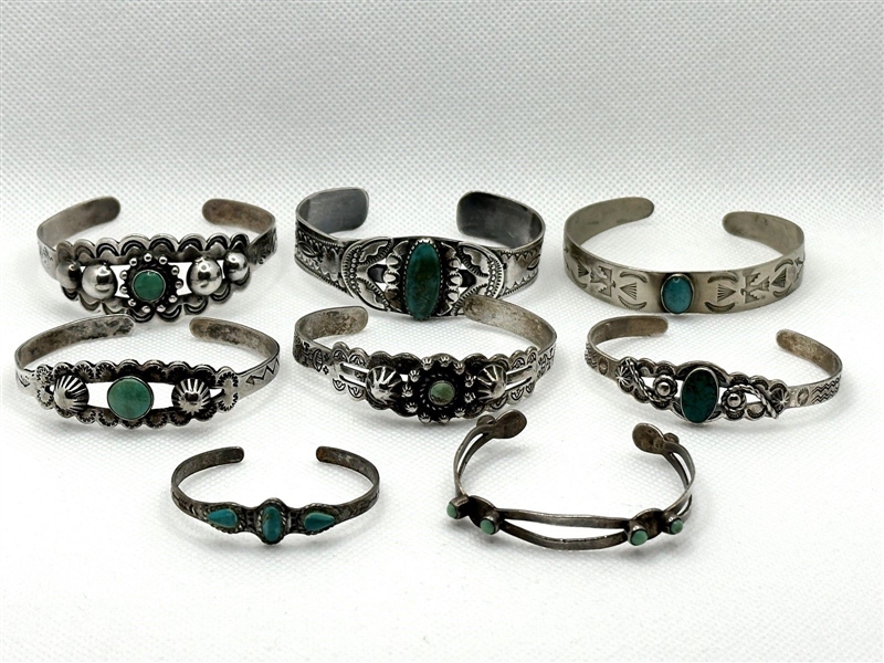 (8) Native American Sterling Silver Turquoise Cuff Bracelets