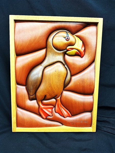 Doug Hudson Rare Hand Carved Sculptured Wood Mural "Puffin" 1985