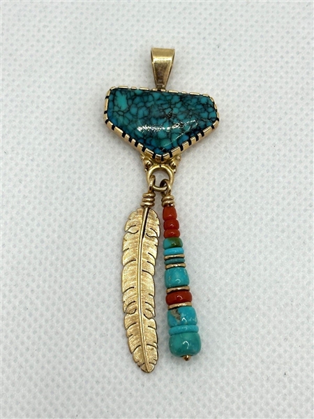 Boyd Tsosie 14k Gold Turquoise and Coral American Navajo Pendant