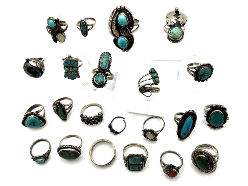 (22) Sterling Silver Native American Turquoise Rings
