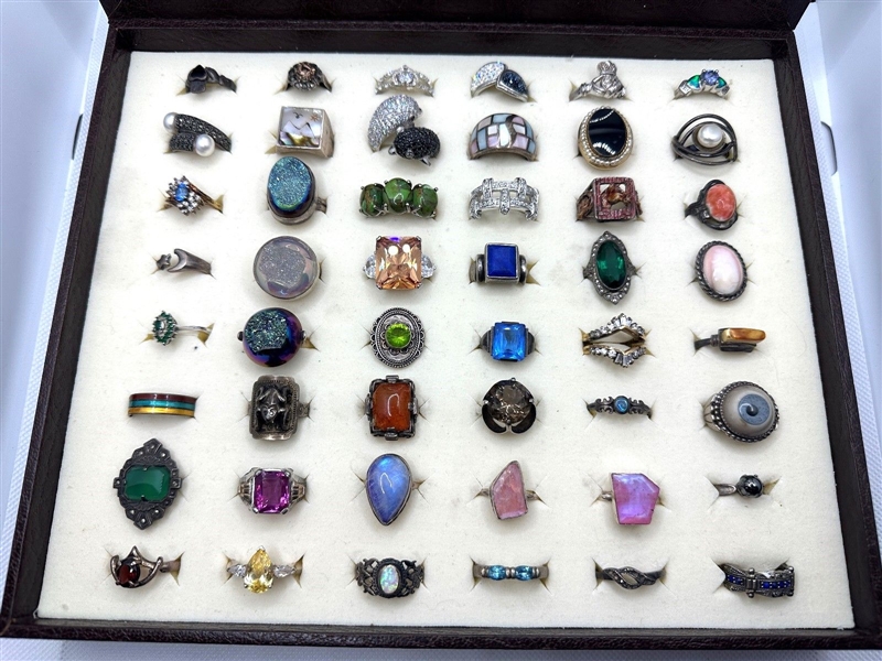 (42) Group of Sterling Silver Rings With Gems, Rhinestones, Enamel
