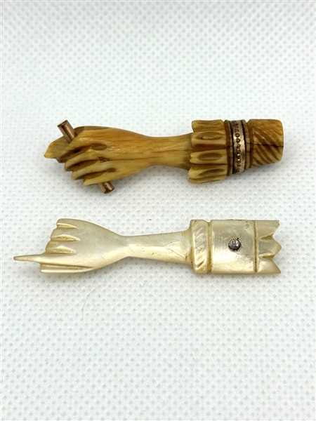 (2) Victorian Hand Pins Mother of Pearl, Bone