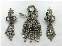 1940s Pakula Brooch and Earring Set Figural Ladies in Clear Rhinestones