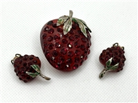 1950s Lucite & Rhinestone Red Strawberry Brooch and Earring Set