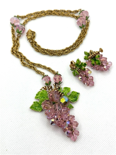 Unsigned Watermelon Tourmaline Grape Necklace and Matching Earring Set