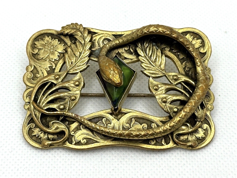 Art Nouveau Brass Sash Brooch With Green Color Stone and Serpent Detail
