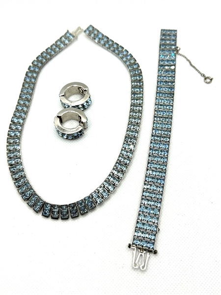 Blue Rhinestone Unsigned Jewelry Suite c.1940s.