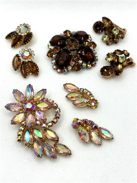 Unsigned Vintage Costume Jewelry Group Matching Brooches and Earrings
