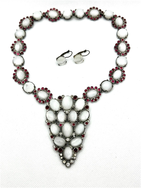 1920s Hattie Carnegie Moonstone Cabochon Statement Bib Necklace and Matching Earrings.