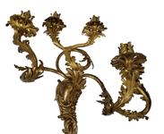 Pair Monumental 19th c. French Gilt Bronze 5 Arm Wall Sconces 27” x 24”