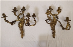 Pair Monumental 19th c. French Gilt Bronze 5 Arm Wall Sconces 27” x 24”