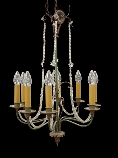 Hollywood Regency Tole Painted Green 8 Arm Chandelier Light Fixture