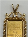 Credit Suisse 5g Fine Gold .999 Pendant in 14k Gold Setting with Diamond Chip