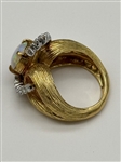 14k Yellow Gold Chunky Textured Ring with Opal Cabochon Diamond Surround