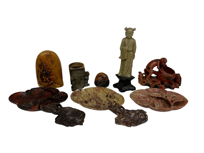 Group of Soapstone Figurines With 3 Ashtrays