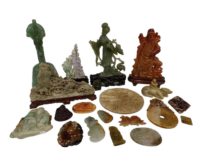 Group of Carved Japanese Soapstone, Glass Medallions, Aztec Bell