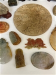 Group of Carved Japanese Soapstone, Glass Medallions, Aztec Bell