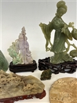 Group of Carved Japanese Soapstone, Glass Medallions, Aztec Bell