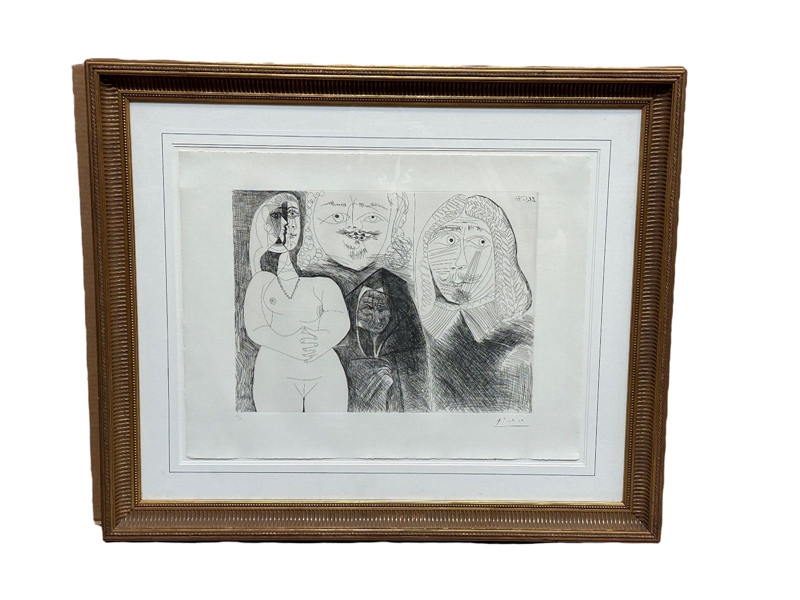 After Pablo Picasso "Procuress and Prostitute, With Two Men Dressed in Seventeenth Century Costume" Black and White Etching