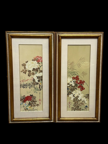  (2) Embellished Lithograph Collotyopes of Hoitsus Mums and Peonies