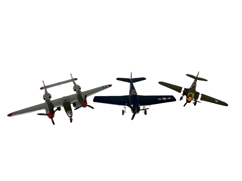 (3) Cast Iron Model Planes: Hellcat F6, P40, P38 Lightning
